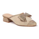 Women’s Mules Small Block Heel Wedding Pointed Toe with Intricate Rhinestone Net Design & Tie, Fancy DRN-29